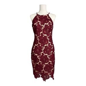 Lulus Dress Cocktail Semi Formal Crochet Lace Burgundy Small M Knee Length